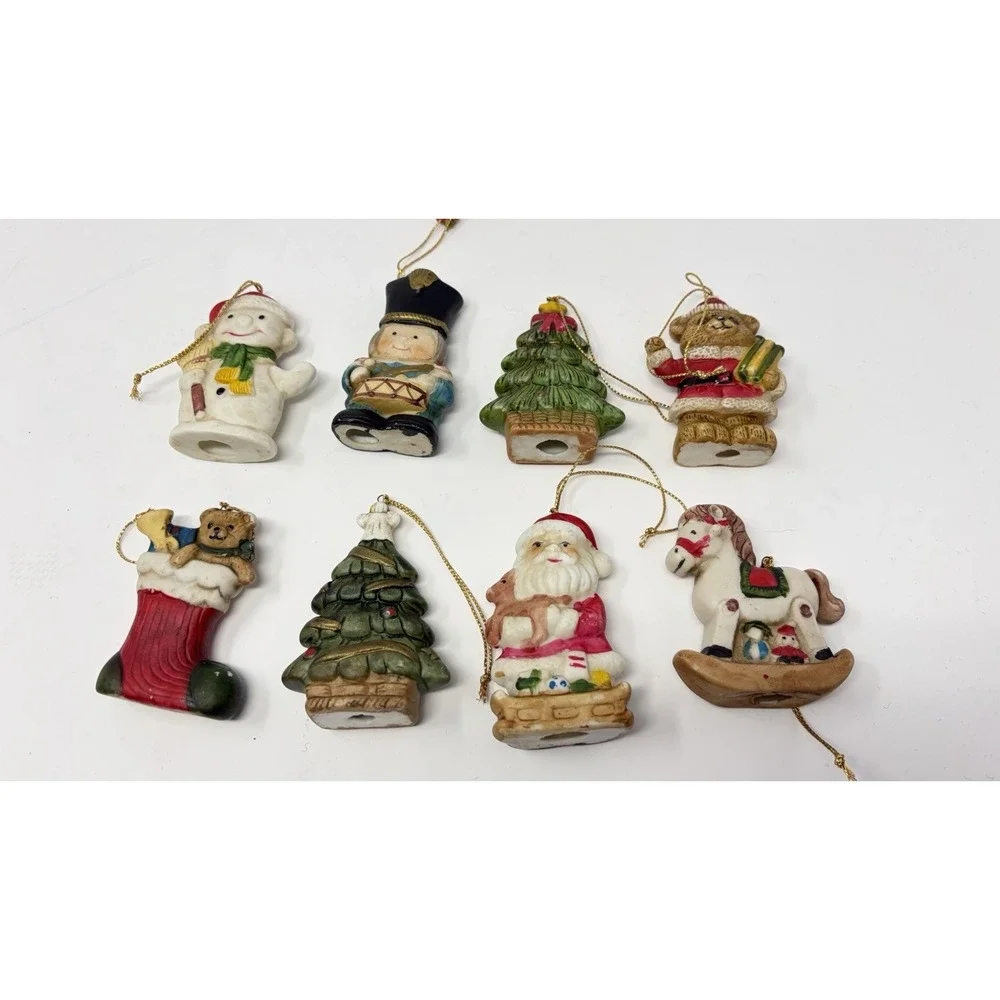 Vintage Ceramic Christmas Ornaments Set 8 Santa‎ Teddy Bear Tree Snowman drummer